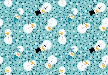 Noel kardan adam dikişsiz kar taneleri, penguen, hediye kutusu, şeker, çorap ve eldiven desenli ambalaj kağıdı, çocuk baskısı ve şenlikli ambalaj. Yüksek kaliteli illüstrasyon