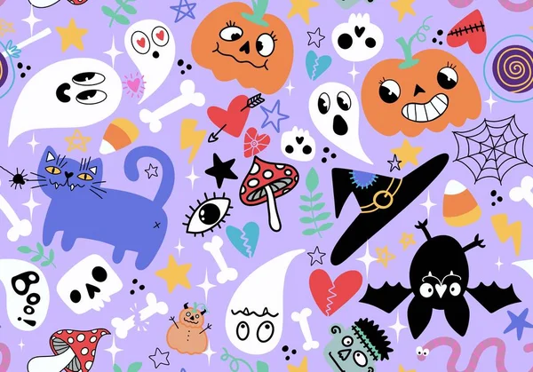 Calabazas Calaveras Sin Costura Halloween Dibujos Animados Patrón Fantasma Gato —  Fotos de Stock