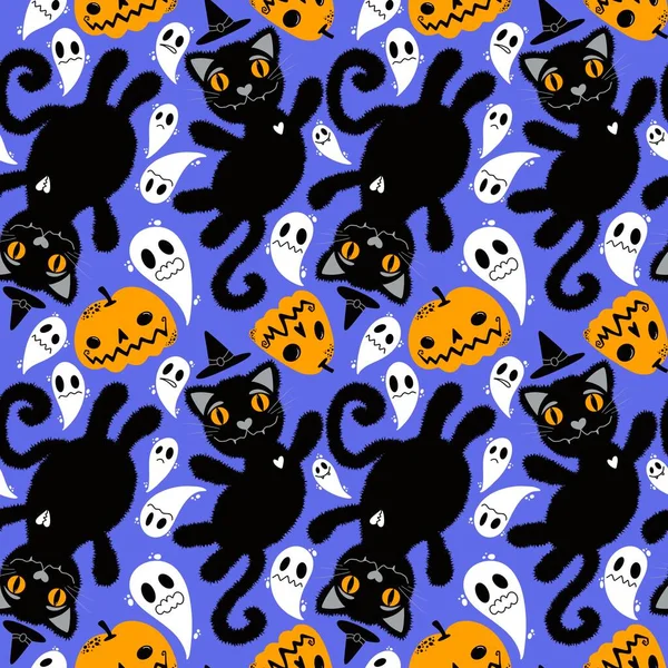 Halloween Kreskówki Czarne Koty Bezszwowe Zwierzęta Puszyste Potwory Wzór Pakowania — Zdjęcie stockowe