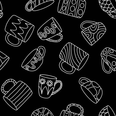 Karikatür bardakları ambalaj kağıdı, kumaş, çarşaf, çocuk giysisi baskısı, mutfak tekstili ve menü için kusursuz desen. Yüksek kaliteli illüstrasyon