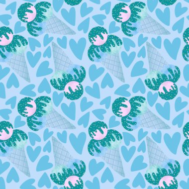 Duvar kağıtları, ambalaj kağıtları, kumaşlar, çocuk giysileri baskıları, şenlikli ambalajlar ve mayo tekstili için yaz çizgi filmlerinin dikişsiz dondurma kalıpları. Yüksek kaliteli illüstrasyon