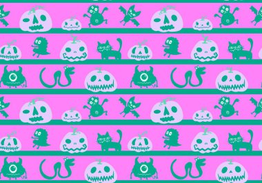 Cadılar Bayramı balkabakları, kusursuz hayaletler, kemikler ve kedi desenleri kağıt, çarşaf, kumaş, çocuk giysileri ve sonbahar aksesuarları. Yüksek kaliteli illüstrasyon