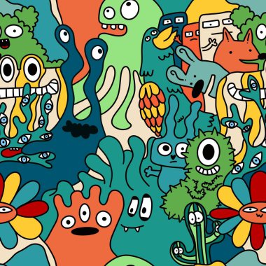 Çizgi film canavarları, kusursuz komik uzaylılar, tavşan, kaktüs ve çiçek desenleri. Kağıt, çarşaf, kumaş, çocuk giysisi baskısı ve şenlikli ambalaj için. Yüksek kaliteli illüstrasyon