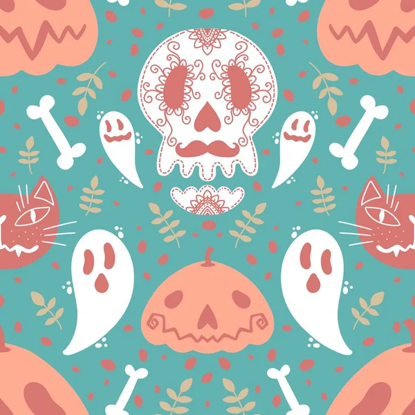 Calabazas Halloween Sin Costuras Fantasma Huesos Patrón Gato Para Papel —  Fotos de Stock
