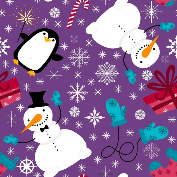 Vánoční Kreslený Sněhulák Bezešvé Sněhové Vločky Tučňák Dárky Box Sladkosti — Stock fotografie