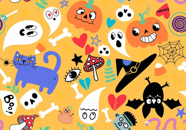 Tecknad Halloween Sömlösa Pumpor Och Skallar Och Spöke Och Katt — Stockfoto