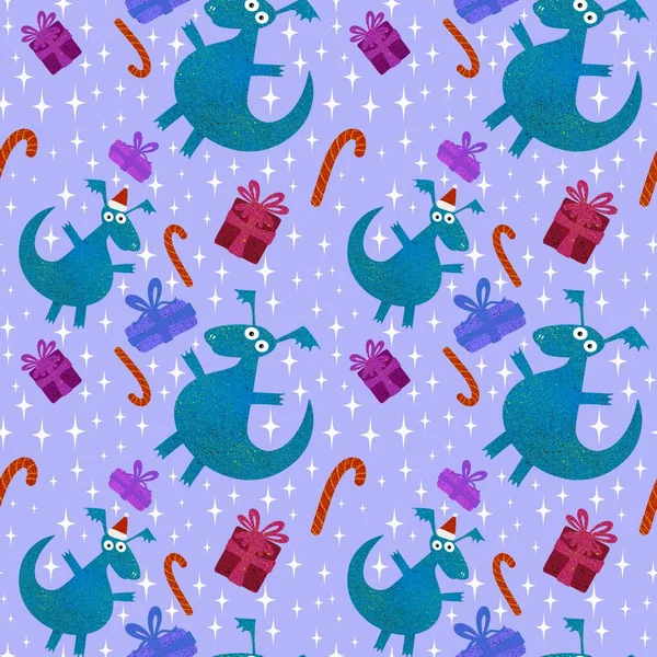 Cartoon Dinosaur Monsters Seamless Dragon Pattern Wrapping Paper Christmas Gift — Fotografia de Stock