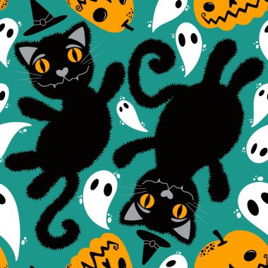 Cadılar Bayramı çizgi filminde siyah kediler, kağıt, kumaş, çarşaf, çocuk giysisi baskısı ve şenlikli ambalaj için kusursuz hayvan desenleri. Yüksek kaliteli illüstrasyon