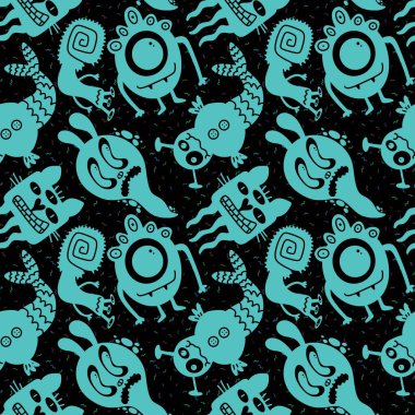 Cartoon monsters seamless emoticons aliens pattern for kids clothes print and wrapping paper and fabrics and linens and kindergarten. High quality illustration