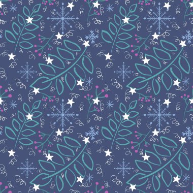 Noel hediyesi kutusu, ambalaj kağıdı, çarşaf, kumaş ve çocuk kıyafetleri ve şenlik için kışın dikişsiz kar taneleri, dallar ve böğürtlen deseni. Yüksek kaliteli illüstrasyon