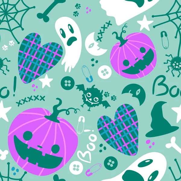Halloween Cartoon Abóboras Sem Costura Fantasma Lua Morcegos Aranha Chapéu — Fotografia de Stock