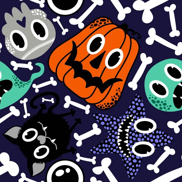 Dibujos Animados Halloween Calabazas Sin Costura Fantasma Gato Calaveras Patrón — Foto de Stock