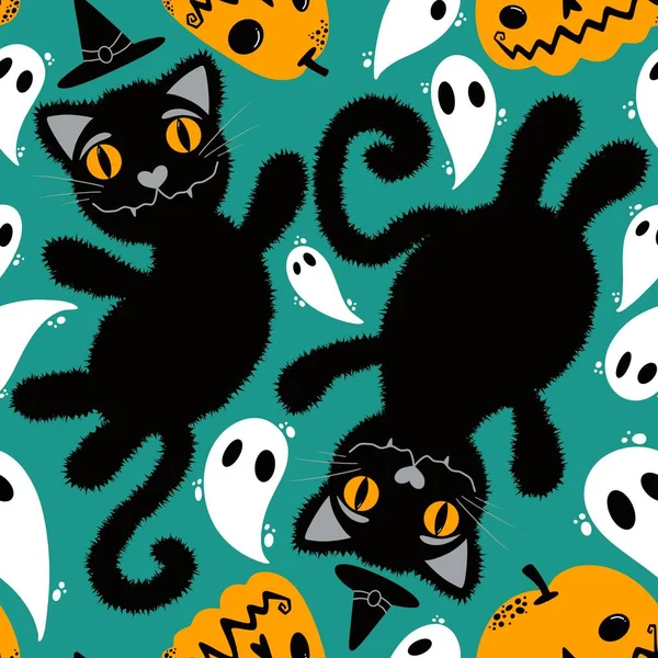 Halloween Tecknad Svart Katt Sömlösa Djur Fluffiga Monster Mönster För — Stockfoto