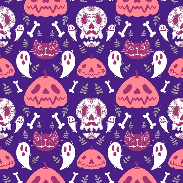 Halloween Pumpkins Seamless Ghost Bones Cat Pattern Wrapping Paper Linens — Stock Photo, Image
