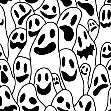 Cadılar Bayramı hayalet desenli ambalaj kağıtları, çarşaflar, kumaşlar çocuk giysileri baskıları, şenlikli aksesuarlar ve ambalajlar için. Yüksek kaliteli illüstrasyon