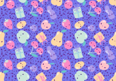 Yaz çizgi filminde elmalar, elmalar, kirazlar, şeftaliler, erikler ve armut desenleri doğum günü hediyeleri, ambalaj kağıtları, kumaşlar, çarşaflar ve çocuk giysileri baskıları. Yüksek kaliteli illüstrasyon