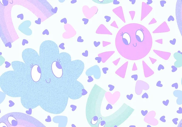 Retro Summer Cartoon Seamless Sun Rainbow Clouds Pattern Wrapping Paper — Stock Photo, Image
