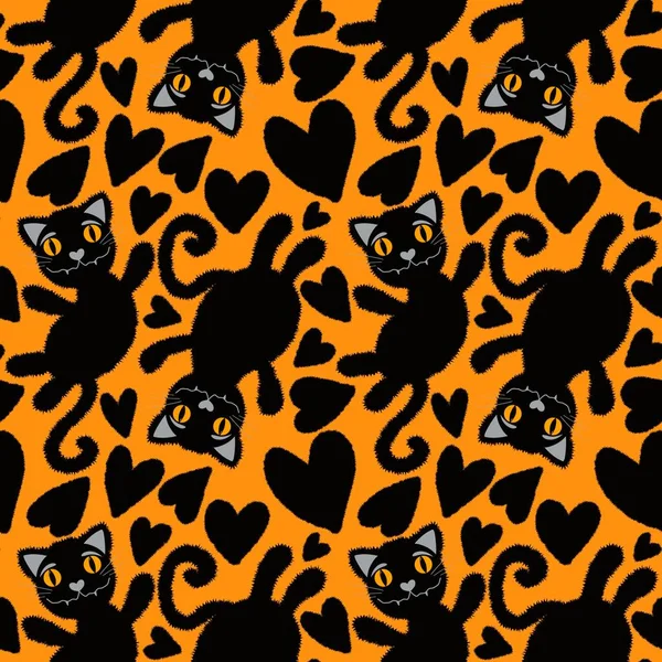 Хеллоуїн Мультфільм Чорні Кішки Безшовні Тварини Пухнасті Монстри Візерунок Обгортання — стокове фото