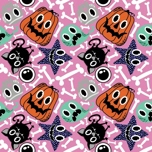 Dibujos Animados Halloween Calabazas Sin Costura Fantasma Gato Calaveras Patrón —  Fotos de Stock