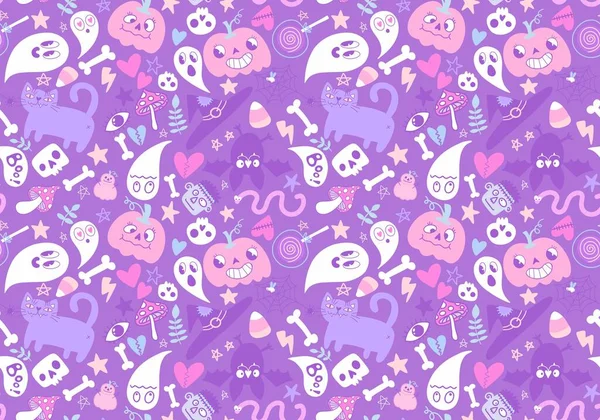 Cartoon Halloween Seamless Pumpkins Skulls Ghost Cat Pattern Wrapping Paper — Stock Photo, Image