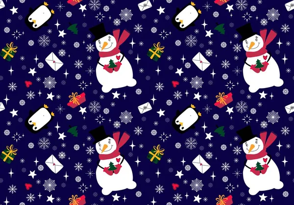 Weihnachten Schneemann Nahtlosen Pinguin Und Geschenke Schachtel Und Buchstaben Muster — Stockfoto