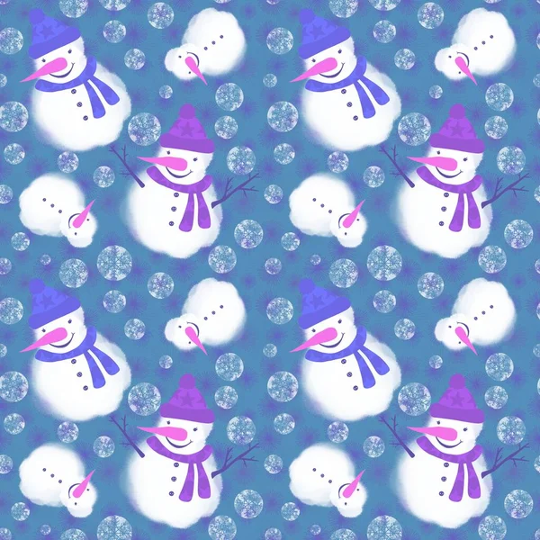 Winter seamless snowman and snowflakes pattern for Christmas wrapping paper and kids notebooks and accessories and fabrics. High quality illustration