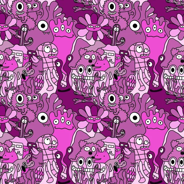 Cartoon Monsters Seamless Funny Aliens Rabbit Cactus Flower Pattern Wrapping — Stock Photo, Image