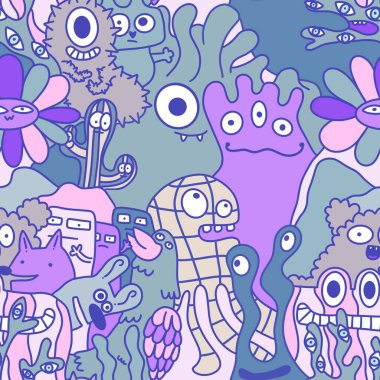 Çizgi film canavarları, kusursuz komik uzaylılar, tavşan, kaktüs ve çiçek desenleri. Kağıt, çarşaf, kumaş, çocuk giysisi baskısı ve şenlikli ambalaj için. Yüksek kaliteli illüstrasyon