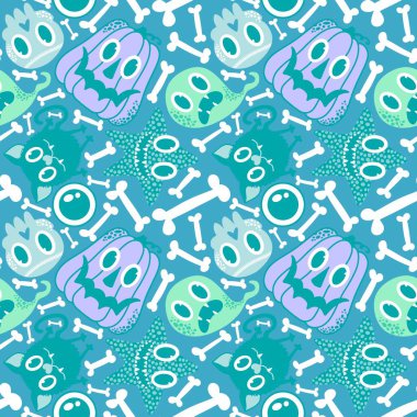 Çizgi filmlerde cadılar bayramı balkabakları, hayaletler, kediler, kafatasları, deniz yıldızı desenleri ve çocuk giysileri baskısı, şenlikli ambalajlar, kumaşlar ve çarşaflar. Yüksek kaliteli illüstrasyon