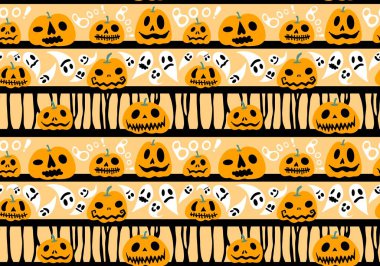 Cadılar Bayramı balkabakları, kusursuz hayaletler, kemikler ve kedi desenleri kağıt, çarşaf, kumaş, çocuk giysileri ve sonbahar aksesuarları. Yüksek kaliteli illüstrasyon