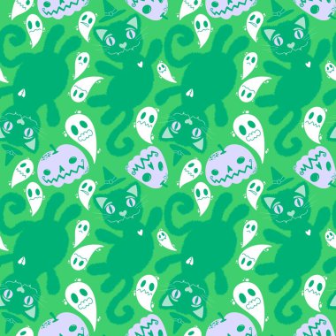 Cadılar Bayramı çizgi filminde siyah kediler, kağıt, kumaş, çarşaf, çocuk giysisi baskısı ve şenlikli ambalaj için kusursuz hayvan desenleri. Yüksek kaliteli illüstrasyon