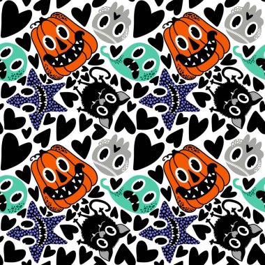 Çizgi filmlerde cadılar bayramı balkabakları, hayaletler, kediler, kafatasları, deniz yıldızı desenleri ve çocuk giysileri baskısı, şenlikli ambalajlar, kumaşlar ve çarşaflar. Yüksek kaliteli illüstrasyon