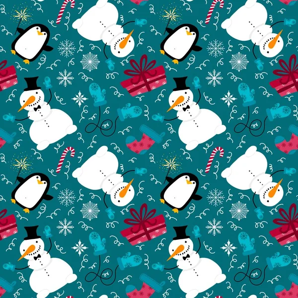 Caricature Noël Bonhomme Neige Sans Couture Flocons Neige Pingouin Boîte — Photo