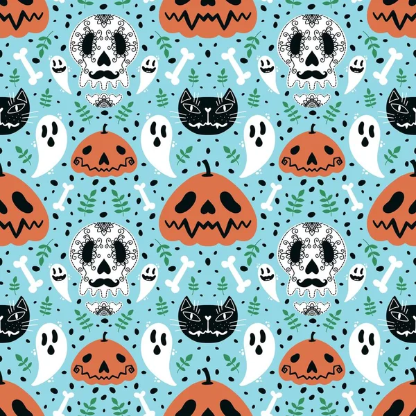 Halloween Pumpor Sömlösa Spöke Och Ben Och Katt Mönster För — Stockfoto