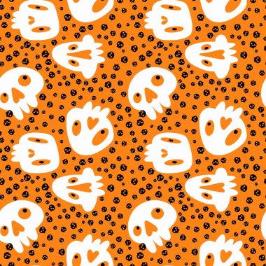 Çizgi film cadılar bayramında kağıt, çarşaf, kumaş, çocuk giysisi baskısı, şenlik aksesuarları ve parti ambalajları için kusursuz kafatası desenleri. Yüksek kalite fotoğraf