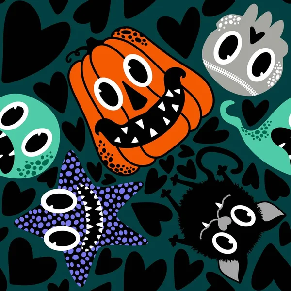 Nahtlose Cartoon Halloween Kürbisse Und Geister Und Katzen Und Totenköpfe — Stockfoto