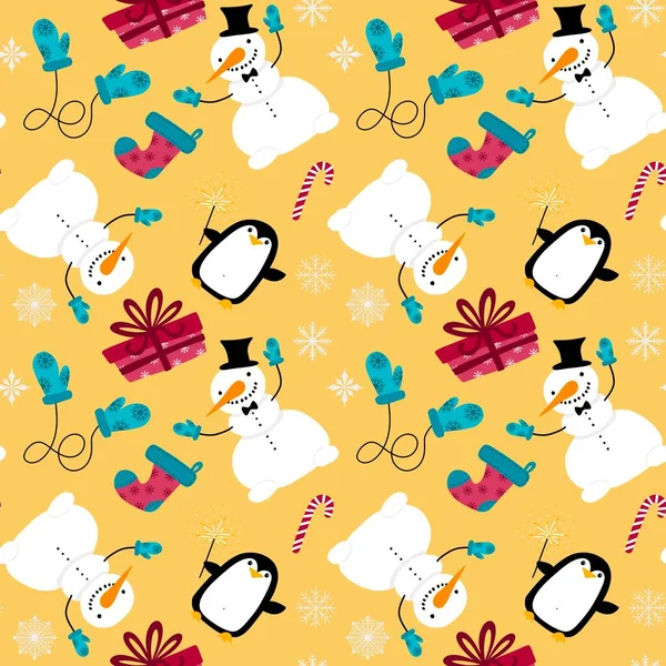 Fumetto Natale Pupazzo Neve Senza Soluzione Continuità Fiocchi Neve Pinguino — Foto Stock