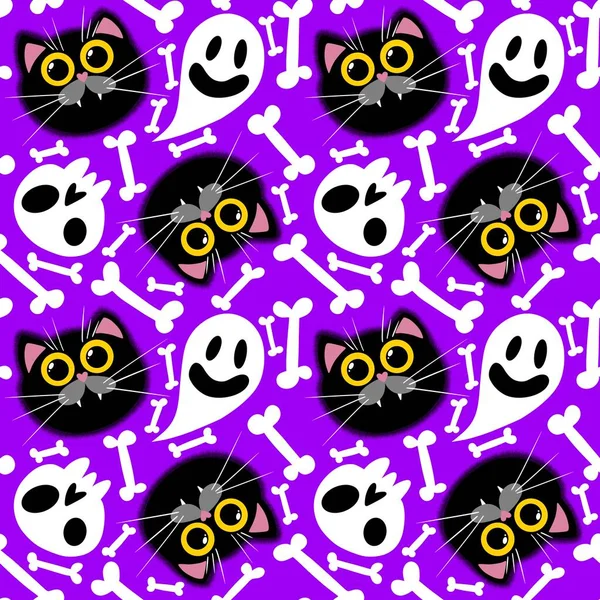 Halloween Cartoon Seamless Cats Pattern Wrapping Paper Linens Fabrics Kids — Stock Photo, Image