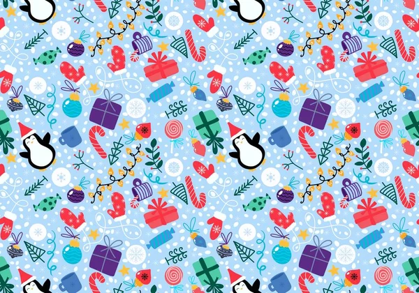 Christmas Cartoon Seamless Penguin Gifts Candy Balls Tree Pattern Wrapping — Stock Photo, Image