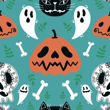 Cadılar Bayramı balkabakları, kusursuz hayaletler, kemikler ve kedi desenleri kağıt, çarşaf, kumaş, çocuk giysileri ve sonbahar aksesuarları. Yüksek kaliteli illüstrasyon