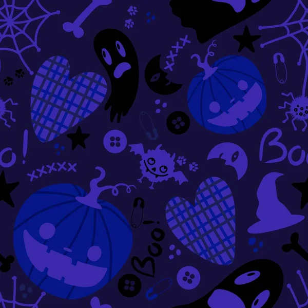 Halloween Rajzfilm Tök Zökkenőmentes Szellem Hold Denevérek Pók Boszorkány Kalap — Stock Fotó