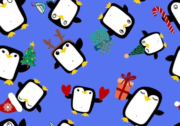 stock image Christmas animals seamless penguin pattern for wrapping paper and fabrics and linens and kids clothes print and new year accessories and winter packaging. High quality illustration