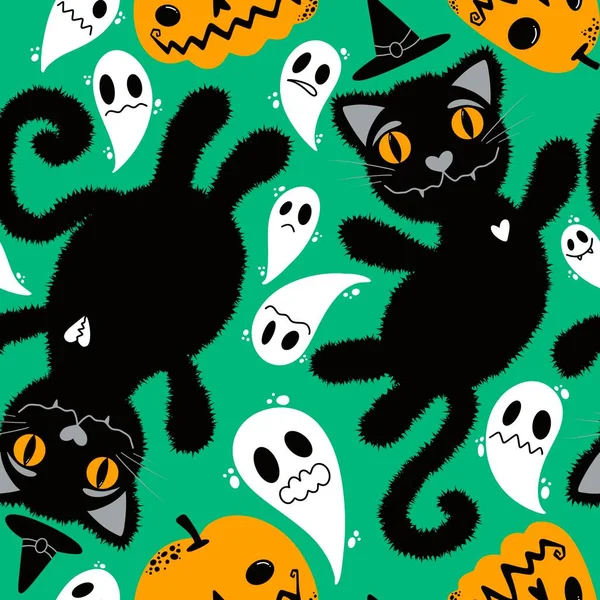 Halloween Cartone Animato Gatti Neri Senza Cuciture Animali Soffice Modello — Foto Stock