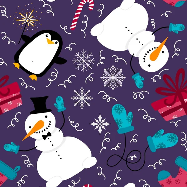 Vánoční Kreslený Sněhulák Bezešvé Sněhové Vločky Tučňák Dárky Box Sladkosti — Stock fotografie