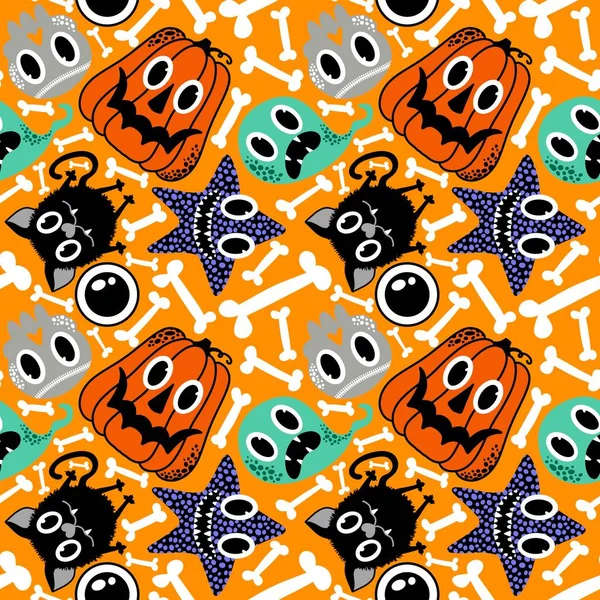 Dibujos Animados Halloween Calabazas Sin Costura Fantasma Gato Calaveras Patrón —  Fotos de Stock