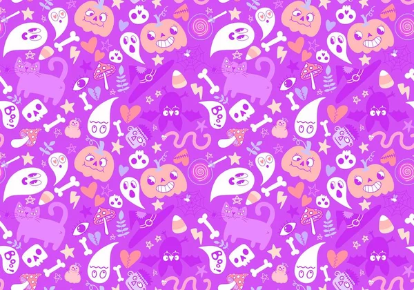 Cartoon Halloween Naadloze Pompoenen Schedels Spook Kat Patroon Voor Het — Stockfoto