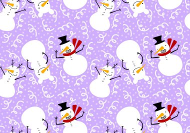 Noel kardan adam dikişsiz kar taneleri, penguen, hediye kutusu, şeker, çorap ve eldiven desenli ambalaj kağıdı, çocuk baskısı ve şenlikli ambalaj. Yüksek kaliteli illüstrasyon