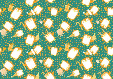 Noel hayvanları kağıt, kumaş, çarşaf, çocuk giysisi baskısı, yeni yıl aksesuarları ve kış ambalajları için kusursuz penguen desenleri. Yüksek kaliteli illüstrasyon