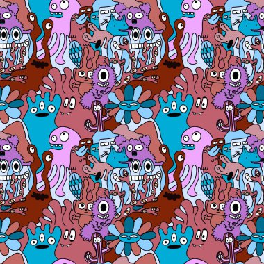 Çizgi film canavarları, kusursuz komik uzaylılar, tavşan, kaktüs ve çiçek desenleri. Kağıt, çarşaf, kumaş, çocuk giysisi baskısı ve şenlikli ambalaj için. Yüksek kaliteli illüstrasyon