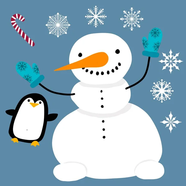 Boże Narodzenie Kreskówka Bałwan Zestaw Płatki Śniegu Pingwina Pudełko Prezentów — Zdjęcie stockowe